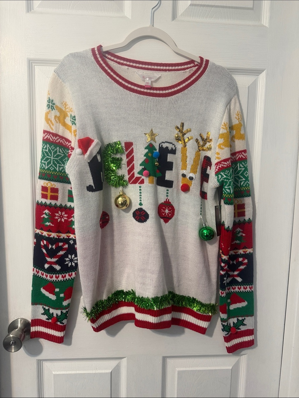 No Boundaries White Holiday Novelty Sweater with Red, Green and Gold Accents